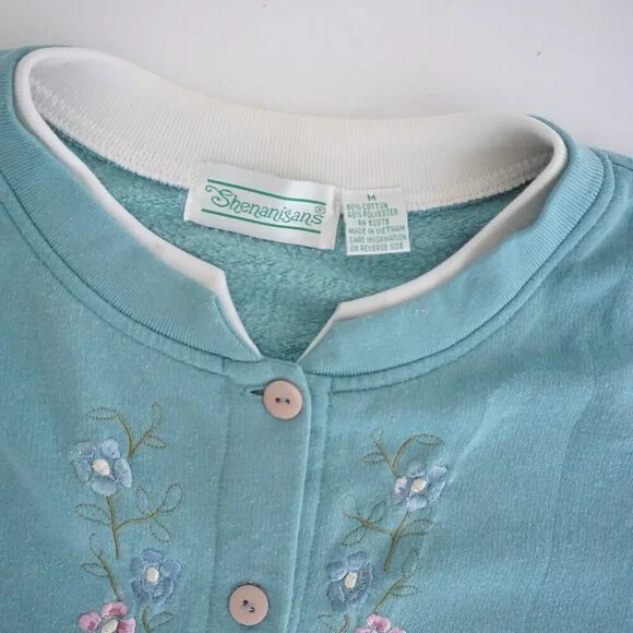 Vintage Shenanigans Teal Cardigan Floral Embroidery Romantic Coastal Grandma M - Picture 5 of 11